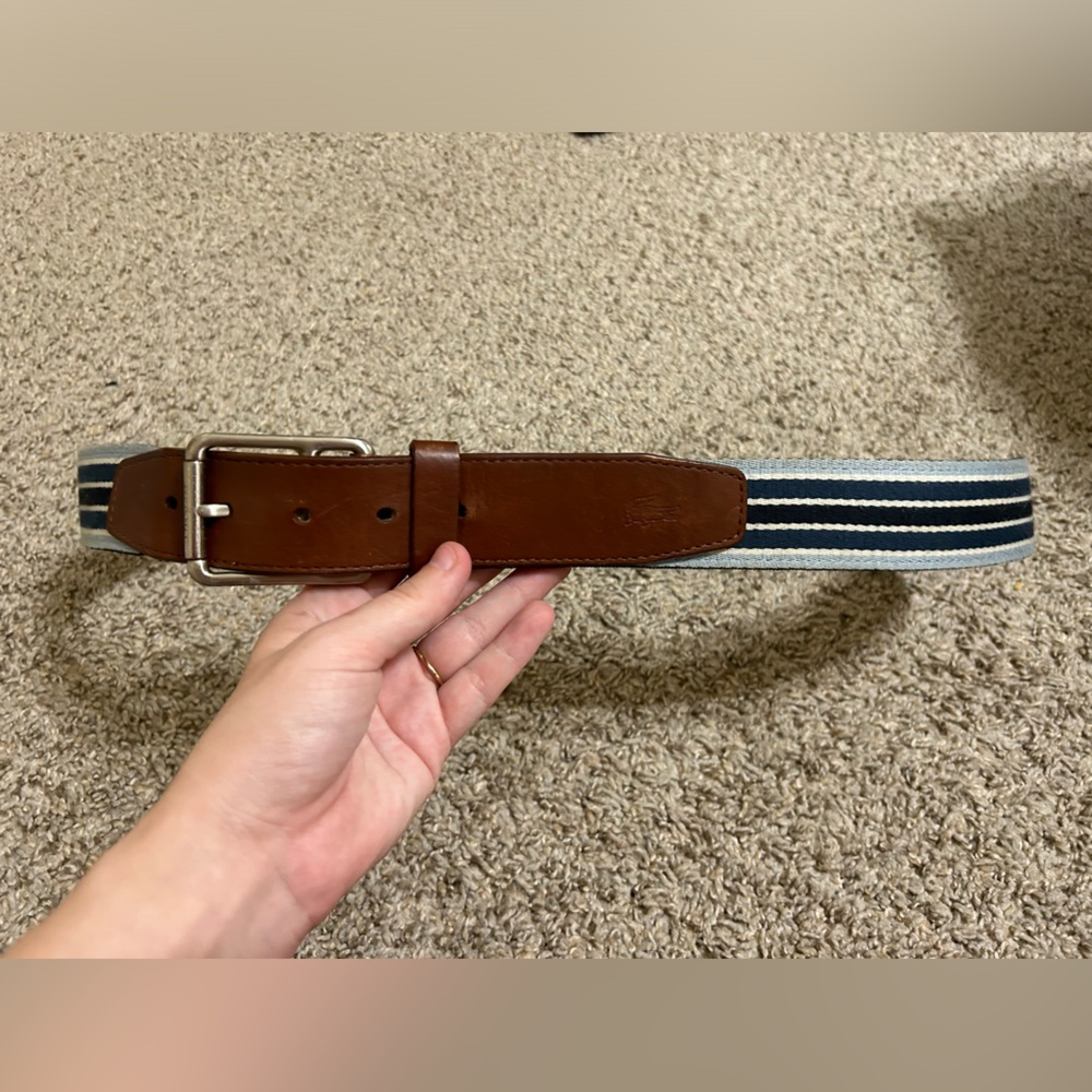 LACOSTE Nautical Blue Stripes Brown Genuine Leather Belt Men’s Navy Size 40 Adj